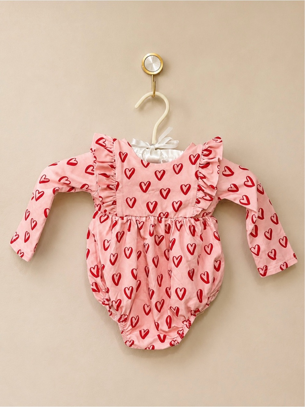 Ollie Jay | Long Sleeve Bubble Romper | Red and Pink with Hearts | 12-18M